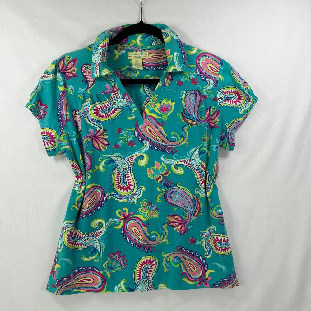 Vintage 2000s Caribbean Joe Turquoise Teal Pink Paisley Short Sleeve Polo Top L